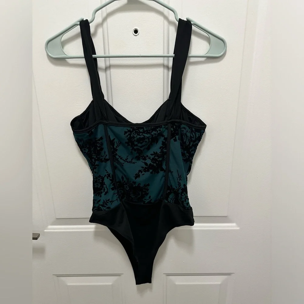 Lulus Exceptionally Dramatic Teal Burnout Floral Bustier Bodysuit, Size Small - Picture 7 of 7